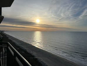 A beach with a sunset, a clear sky, and a distant city skyline.