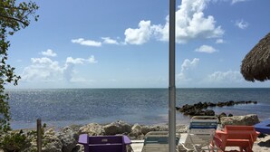 A beach with a row of beach chairs and umbrellas, a rocky shoreline, and a clear blue sky. - Florida Keys Townhouse For Rent 2/2 (Key Largo)