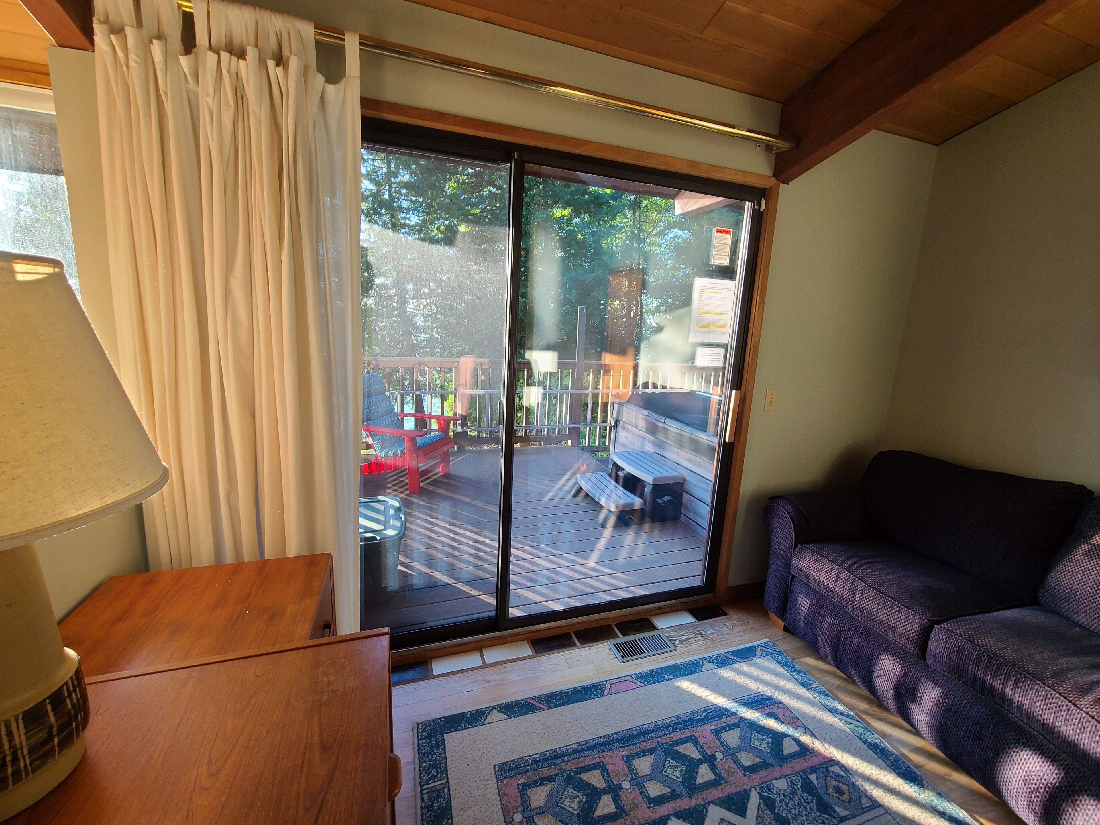 A room with a sliding glass door to an outdoor deck, a sofa, a lamp, and a patterned rug.
