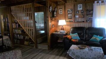 Smart TV, fireplace, DVD player, books