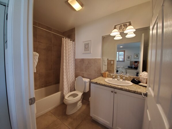 A bathroom with a shower, toilet, sink, and mirror. - Luxury Ocean Villa 3 Bed / 3 Bath in Bimini Bay (Bimini)