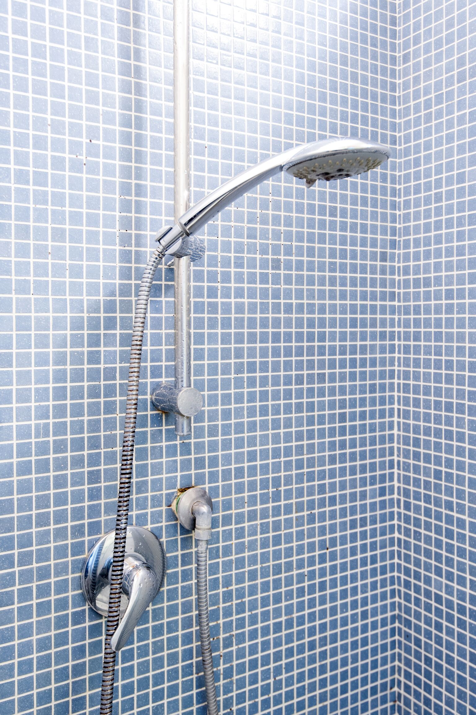 Eine Dusche mit Duschkopf und Brauseschlauch, vor einer gefliesten Wand.