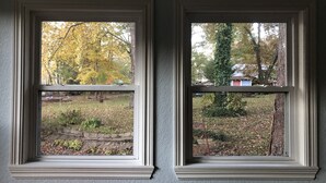 Two windows with white frames and a view of a yard with trees and a house.