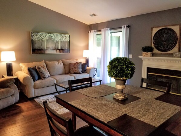 Smart TV, fireplace, books