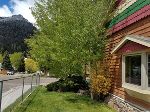 Situated in a serene natural setting, this traditional home offers a retreat amidst lush greenery and a mountain backdrop.