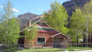 A rustic cabin with a colorful roof, surrounded by trees and mountains.