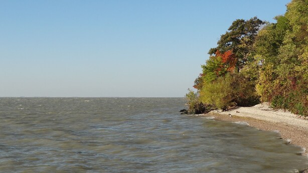 A beach with calm water and a rocky shoreline.