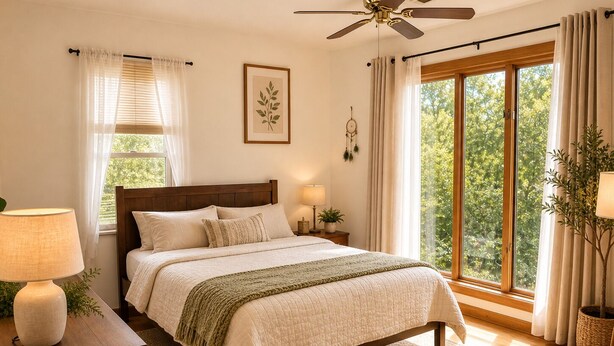A bedroom with a bed, bedside lamps, a ceiling fan, a window with curtains, and a view of greenery.