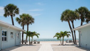 A beachside building with a paved walkway leading to the ocean, surrounded by palm trees. - One Bedroom remodeled stand-alone Unit - steps from our private beach. (Nokomis)