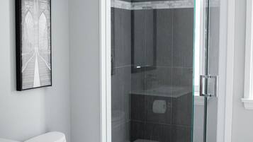 Combined shower/tub, hair dryer, towels, shampoo