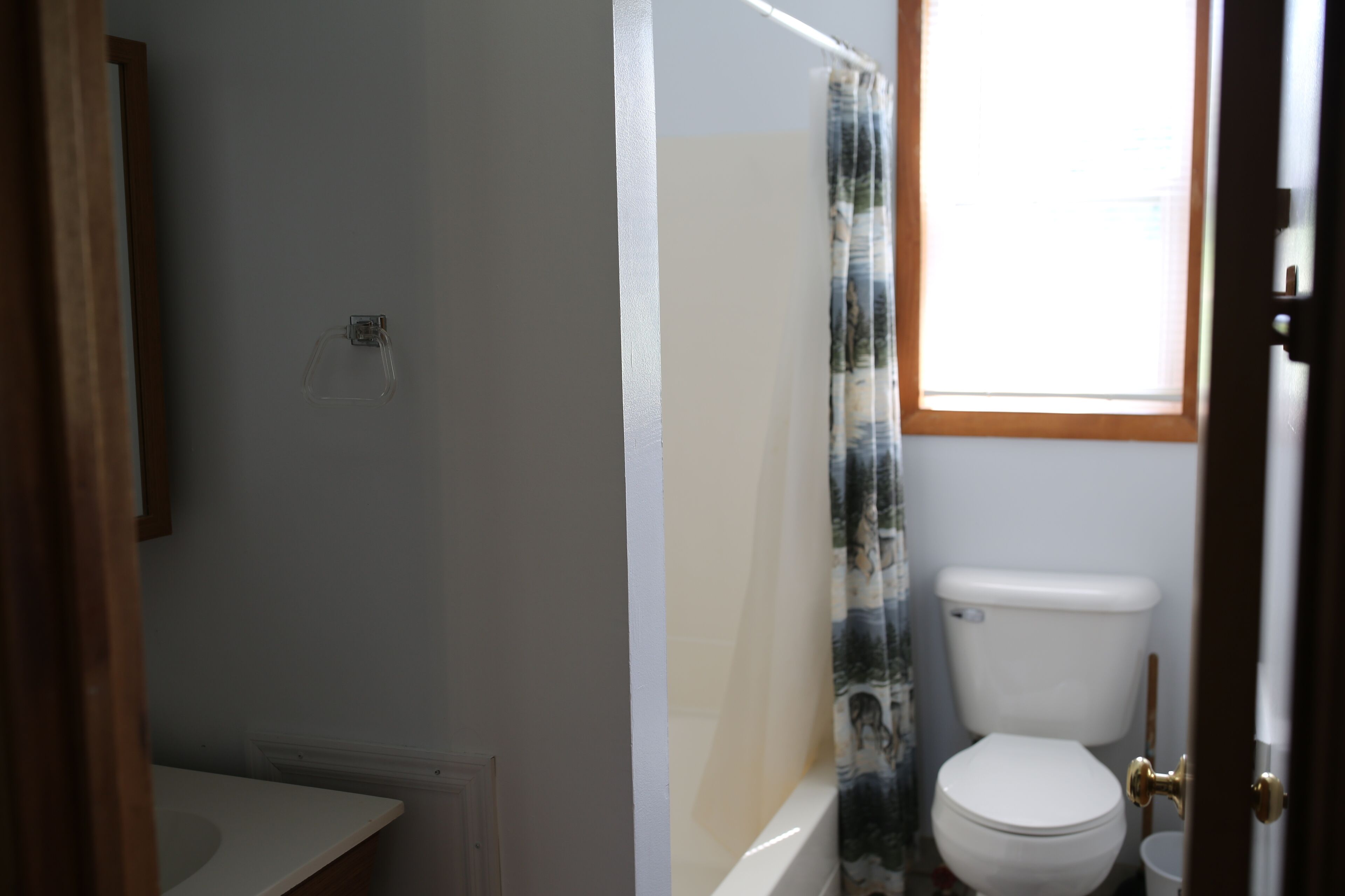 A bathroom with a toilet, a shower curtain, and a window.