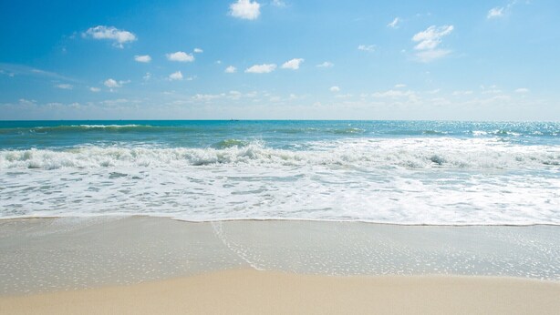 Une plage avec des vagues, un ciel dégagé et un horizon lointain.
