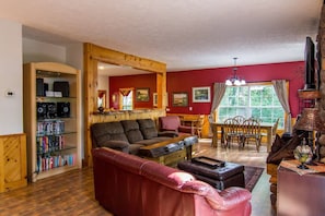 Smart TV, fireplace, video games, DVD player