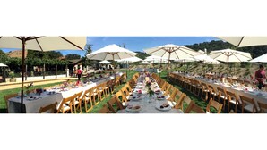 An outdoor dining area with multiple tables set with white tablecloths and wooden chairs, surrounded by large umbrellas. - Gorgeous Rustic Ranch House & Farm Stay on 955 acre Ranch & Berry Farm-Sleeps 15 (Gaviota)