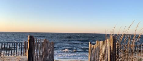On the beach, sun loungers, beach towels