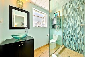 Shower, hair dryer, shampoo
