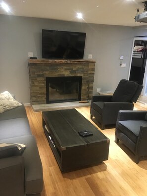 Una televisión, una chimenea, un reproductor de DVD, una videoteca