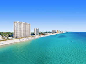 On the beach, sun loungers