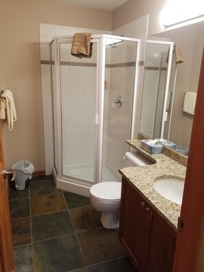 Hair dryer, towels, soap, toilet paper