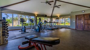Une salle de sport spacieuse, équipée de divers appareils d’exercice, dotée de grandes fenêtres et d’un ventilateur au plafond.
