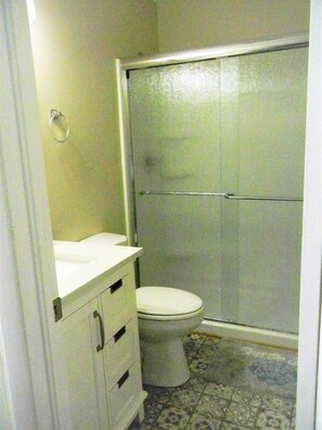 Ensemble douche/baignoire, sèche-cheveux, serviettes fournies, savon