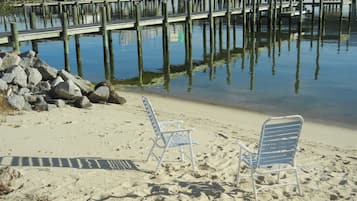 On the beach, sun loungers