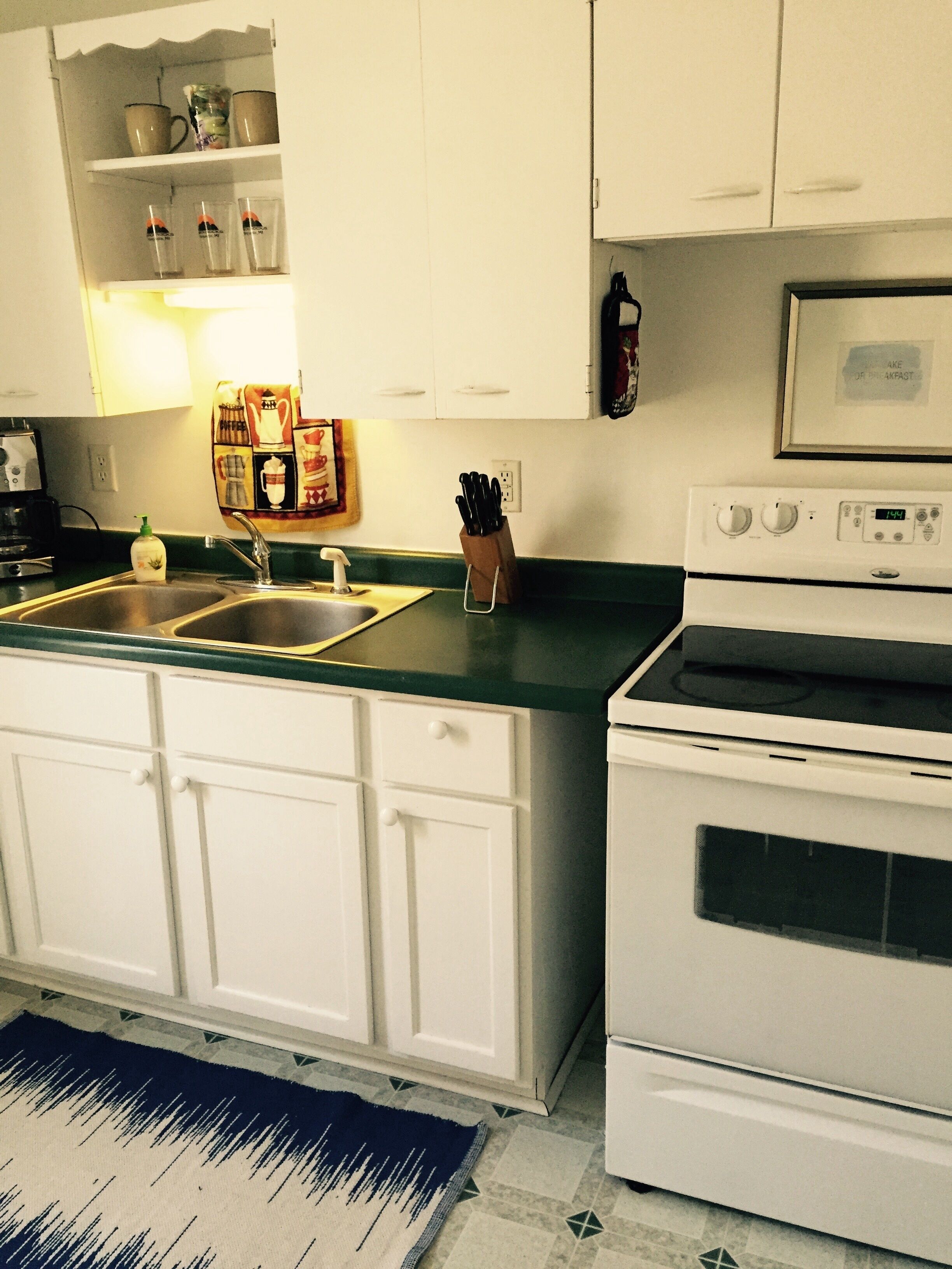 Kjøleskap, mikrobølgeovn, kokeplater og kaffetrakter/tekoker