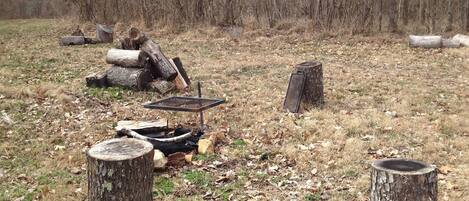 A campsite with a fire pit surrounded by logs and a metal grill.