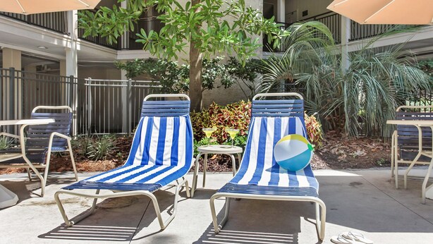 Dos sillones a rayas con una pelota de playa, una mesita con una bebida y un árbol en un patio al aire libre.