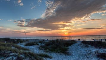 En la playa y camastros