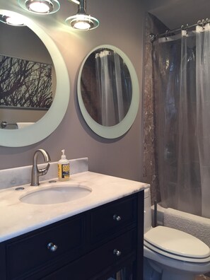 Combined shower/tub, hair dryer, towels, soap