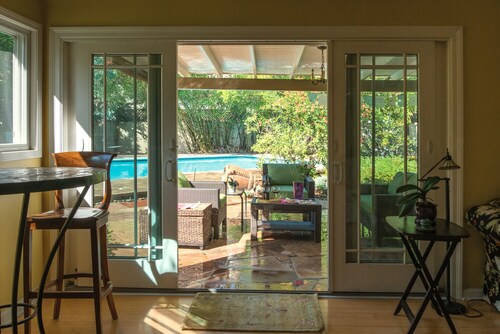 Private Garden Home with Large Saltwater Pool,  Serene Office, Fireplace etc.