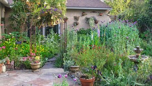 Ein Garten mit unterschiedlichen Pflanzen und Blumen, einem Kiesweg und einem Haus mit Ziegeldach.