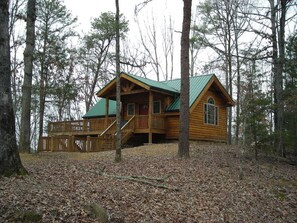 A wooden cabin with a green roof, surrounded by trees and covered in fallen leaves. - 9 Secluded Acres, Hot Tub & Pet Friendly. Close to Restaurants & River Rafting (Ocoee)