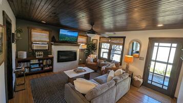 Smart TV, fireplace, DVD player, books
