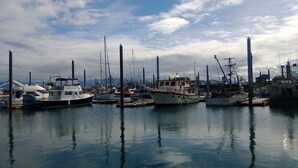 Un puerto deportivo con varias embarcaciones amarradas, incluyendo veleros y lanchas.