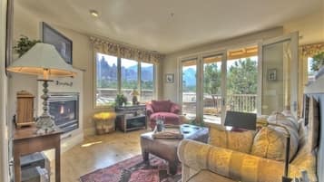 TV connectée, cheminée, lecteur de DVD, livres