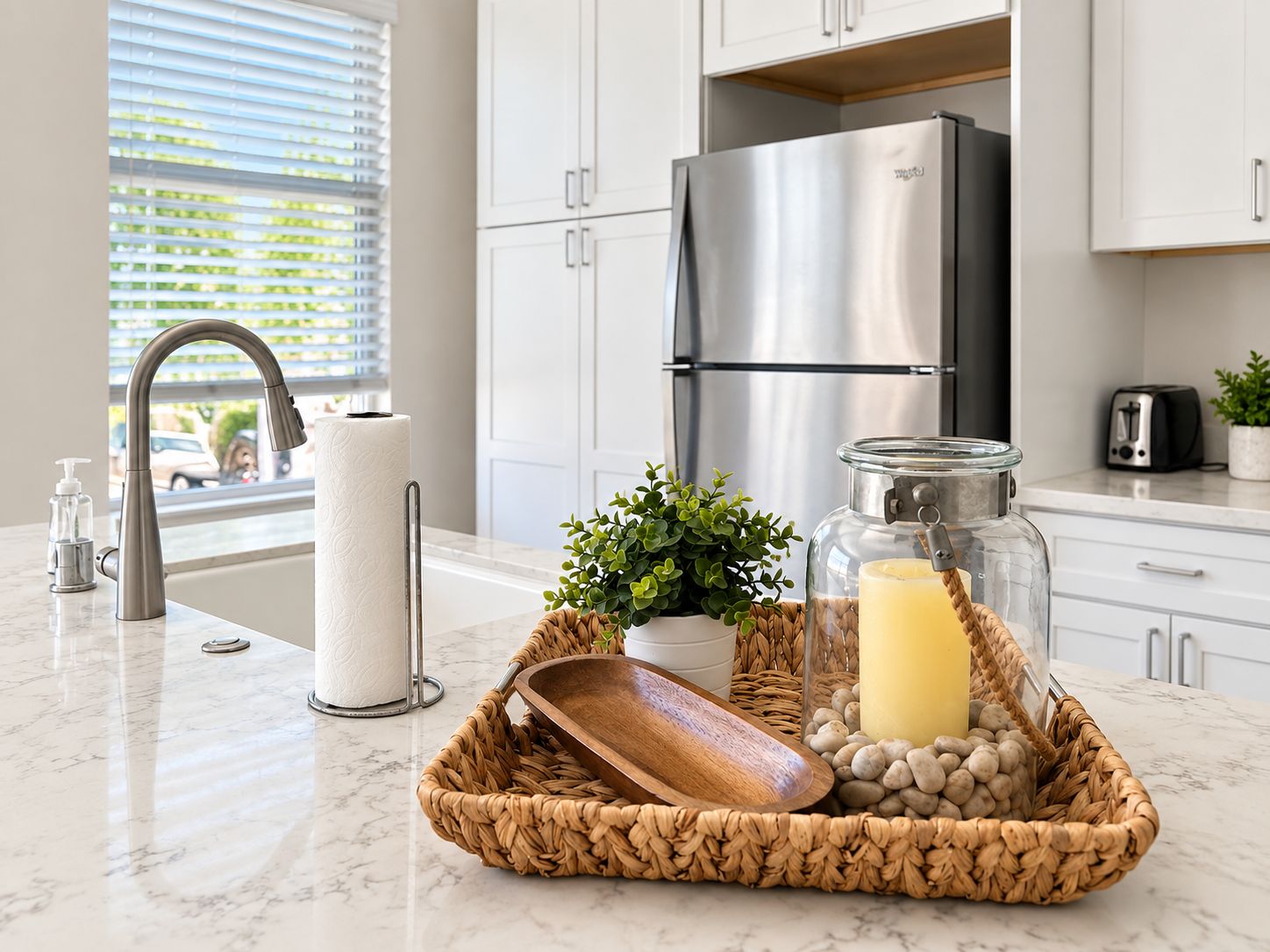 A kitchen with a stainless steel refrigerator, a marble countertop, a sink with a modern faucet, and a window with blinds.