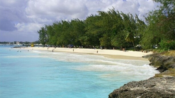 Una playa con aguas turquesas cristalinas, orilla de arena y vegetación verde exuberante.