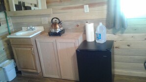Cocina compacta con lavabo, tetera y refrigerador.