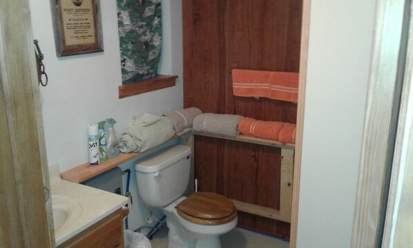 Un baño pequeño con inodoro, lavamanos y estante con toallas.