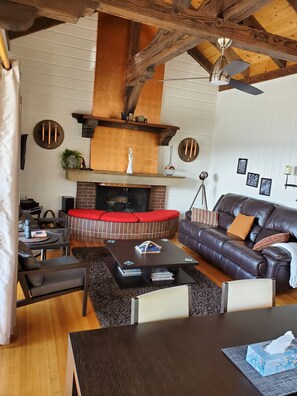 TV, fireplace, DVD player, books