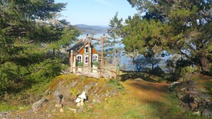 A rustic cabin with a wooden deck overlooking a lake, surrounded by dense pine trees. - Architect Designed And Decorated Waterfront House, You Have The Whole House! (Sooke)