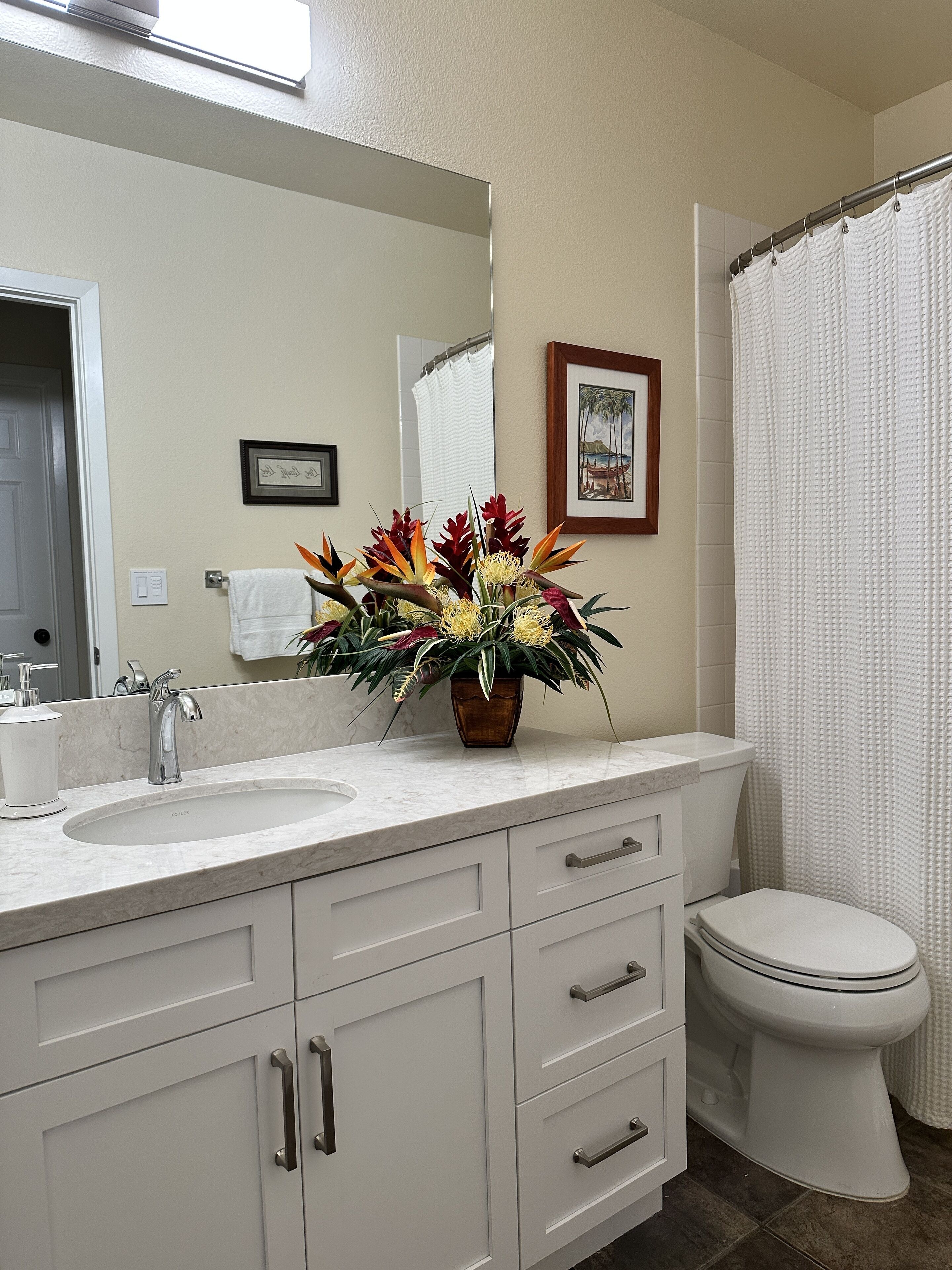 Combined shower/tub, hair dryer, towels, soap