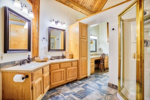 Combined shower/tub, hair dryer, towels, soap
