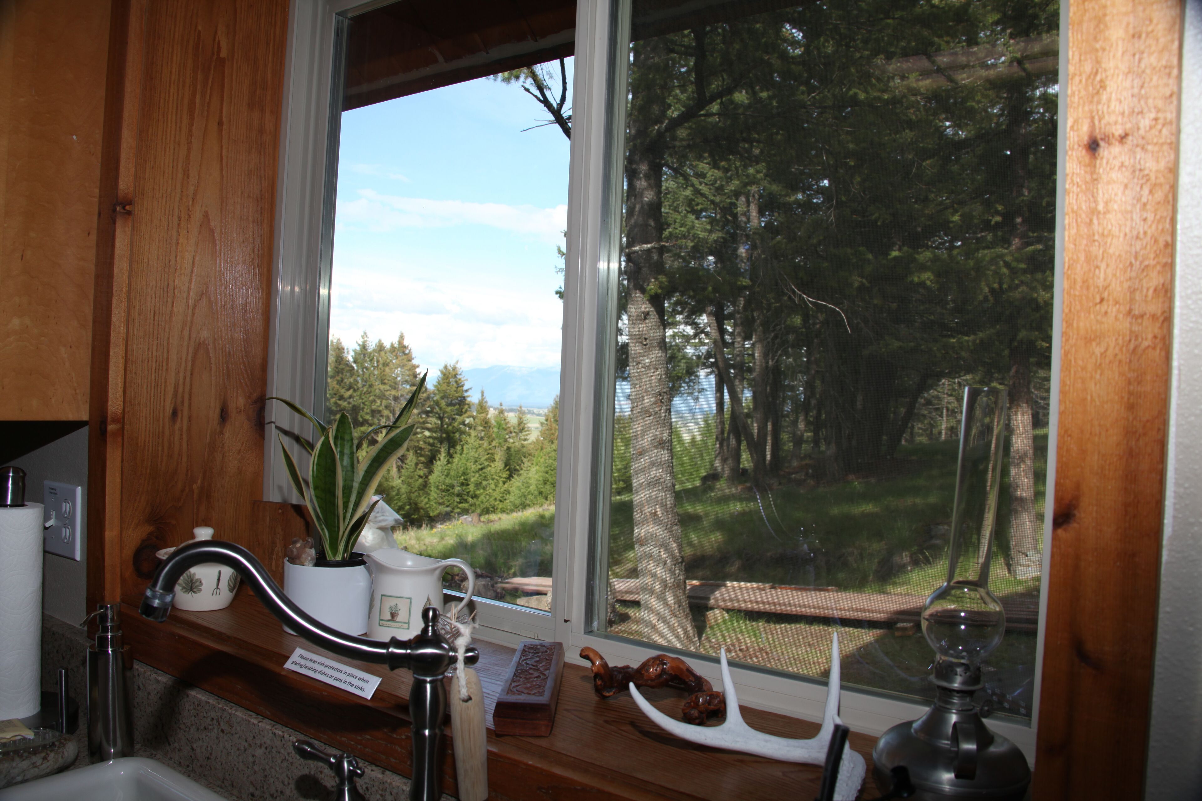 L’intérieur d’un chalet rustique, avec un comptoir en bois, une fenêtre donnant sur une forêt et des montagnes, un évier avec un robinet et une petite plante.