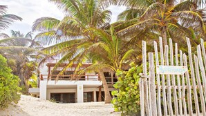 A wooden gate with a sign, a sandy path leading to a building with a balcony, surrounded by palm trees. - Casa Carolina Tulum (Tulum)