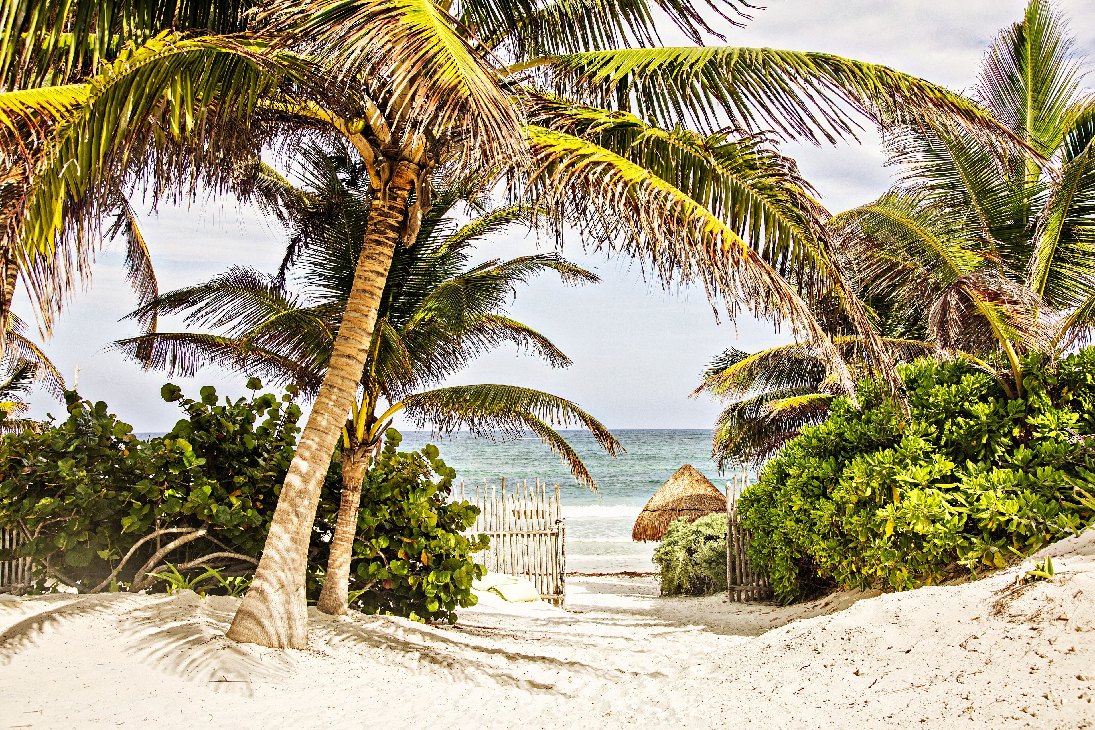 Rannalla, aurinkotuoleja, rantapyyhkeitä