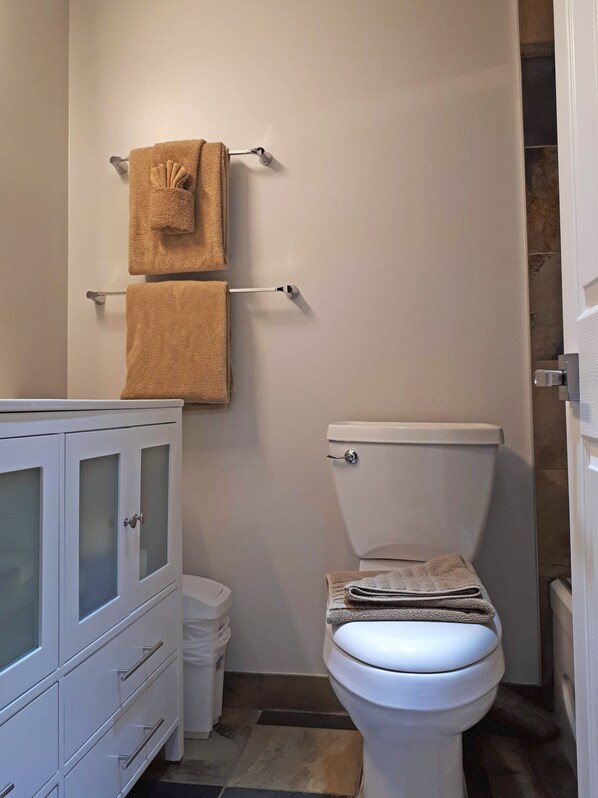 A bathroom with a toilet, a cabinet with frosted glass doors, and two towels hanging on a towel rack. - Ski in and Out, Renovated, Cozy One Bedroom, Hot Tub + Pool, Lake Placid Lodge (Whistler)