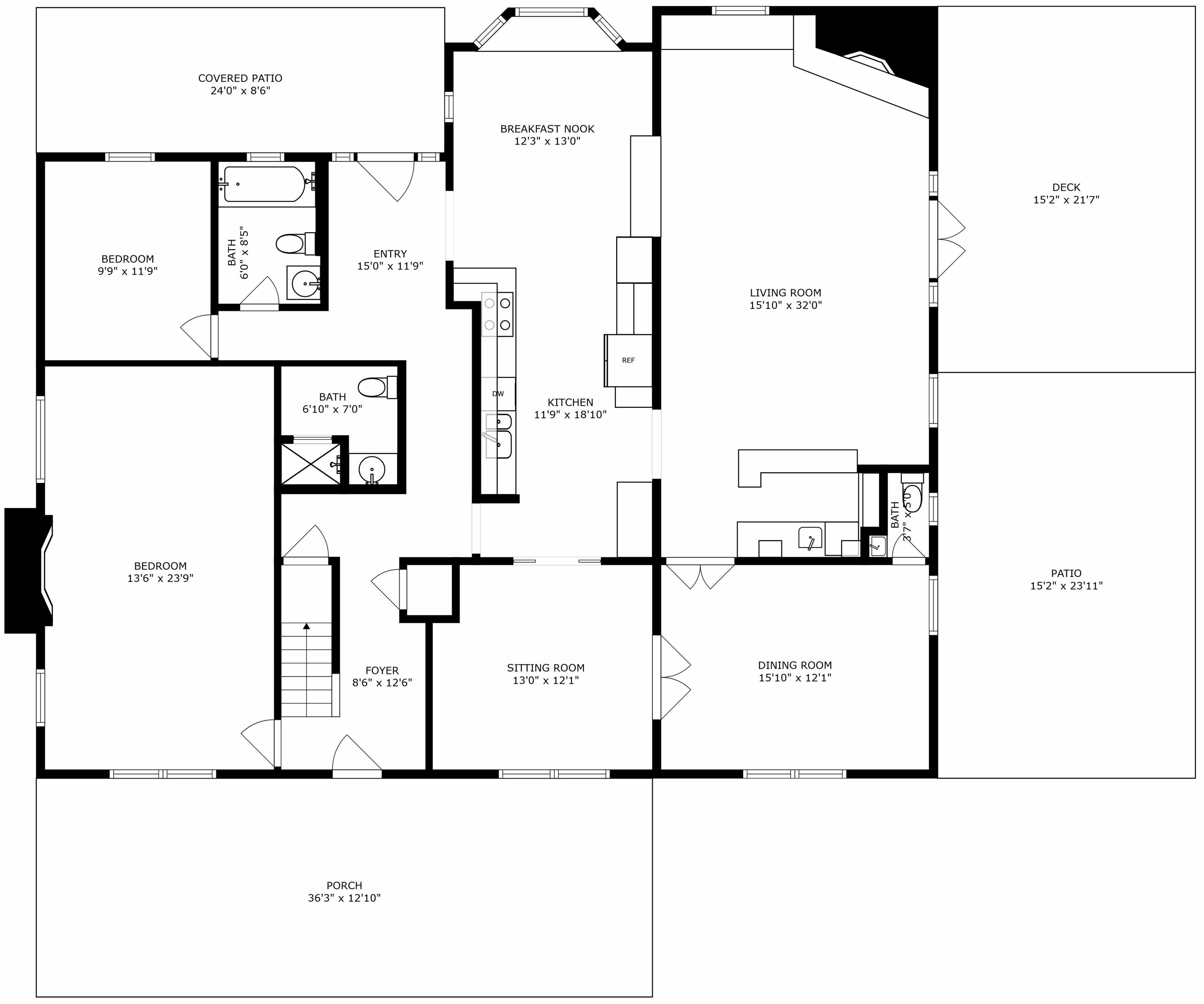 Un plan d’étage d’une maison comprenant une terrasse couverte, deux chambres, une cuisine, une salle à manger, un salon, un hall d’entrée et une terrasse.